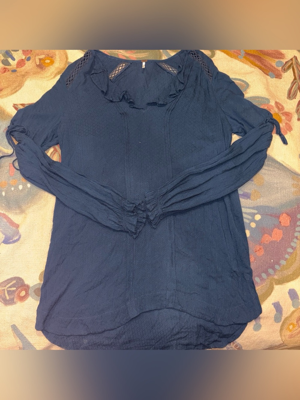 Free People Navy Long Sleeve Ruffle Yoke Blouse